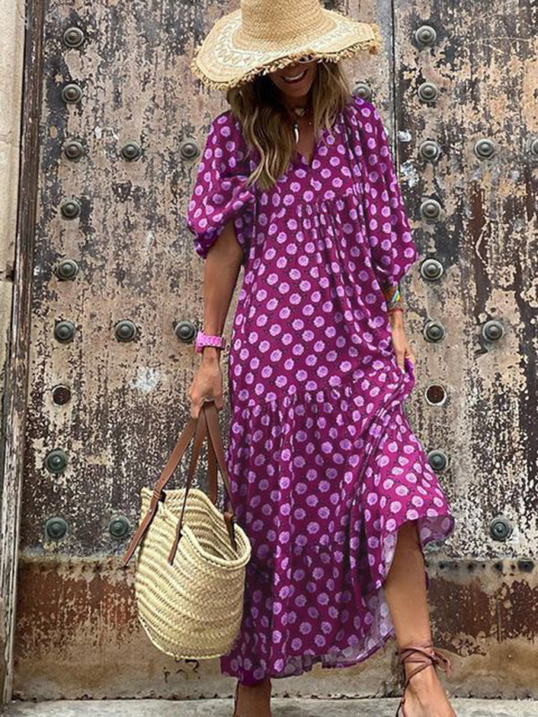 Geometric Collage Puff Sleeve Dress Street Holiday Women’s Clothing - Purple / S