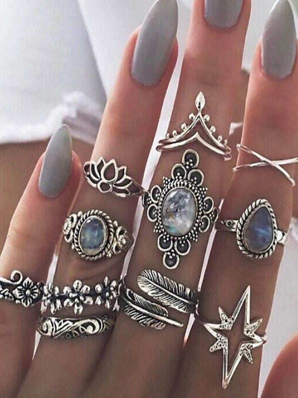 GEOMETRIC FLORAL RINGS SET - HAND ADORNED SILVER RINGS COLLECTION
