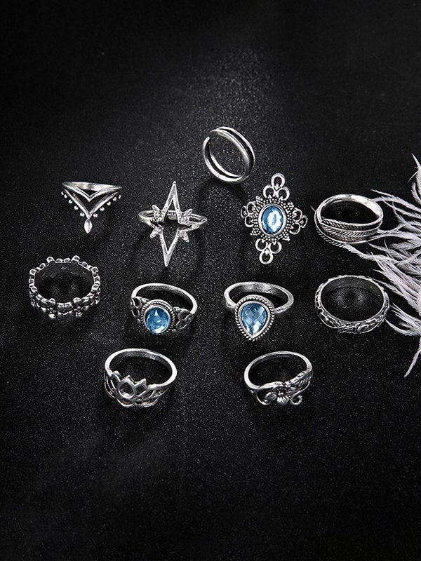 GEOMETRIC FLORAL RINGS SET - HAND ADORNED SILVER RINGS COLLECTION