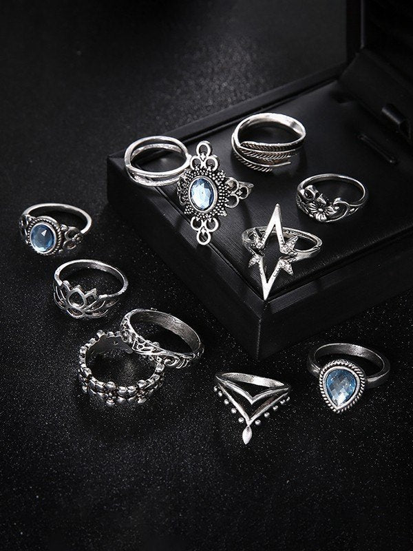 GEOMETRIC FLORAL RINGS SET - HAND ADORNED SILVER RINGS COLLECTION