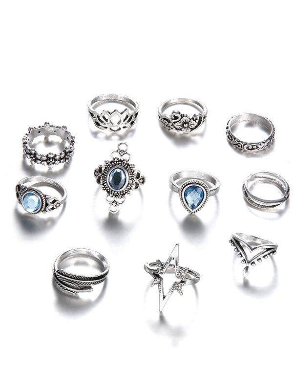 GEOMETRIC FLORAL RINGS SET - HAND ADORNED SILVER RINGS COLLECTION