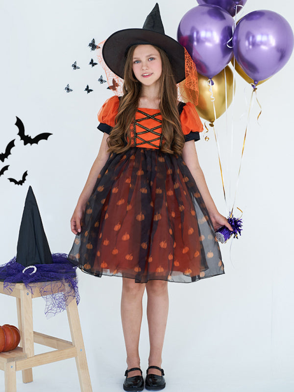 Girls’ Halloween Pumpkin Witch Dress - Orange / 110