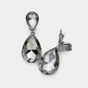 Women's Glass Crystal Double Teardrop Clip on Evening Dangle Earrings