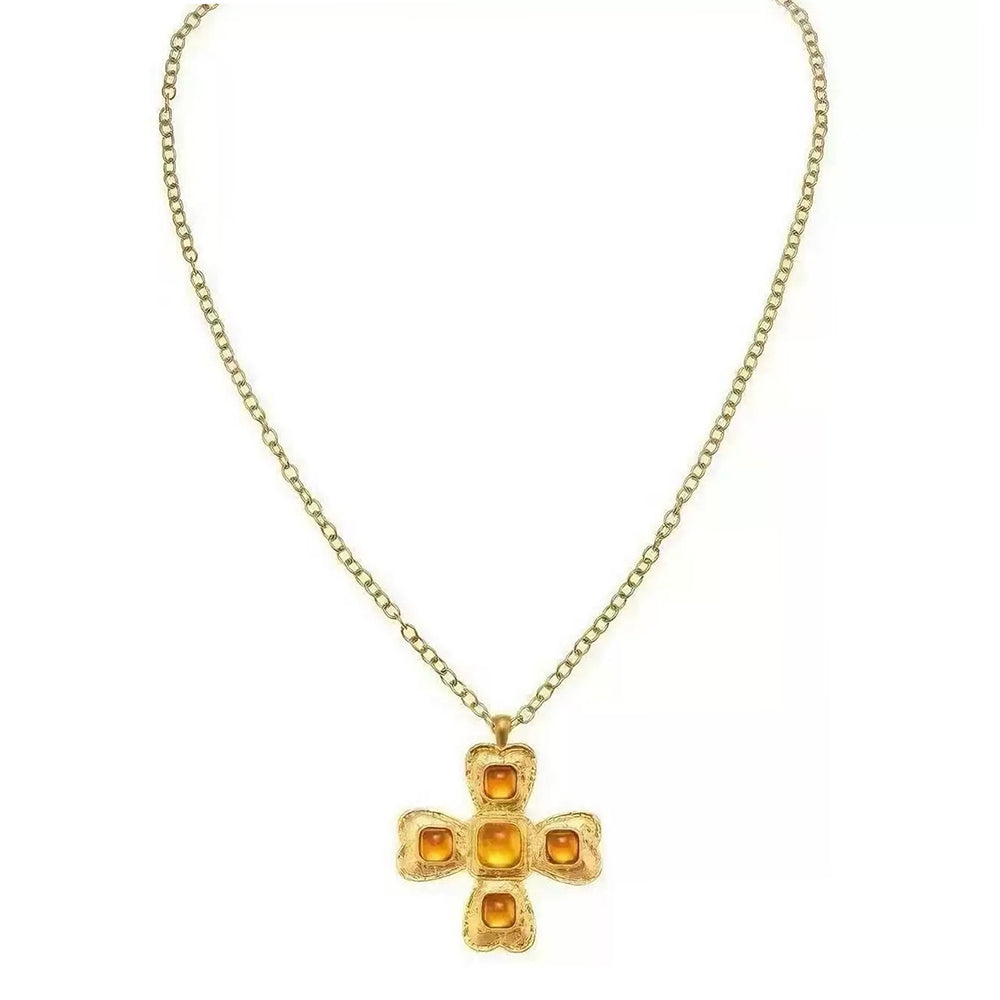 GOLD CHAIN NECKLACE WITH AMBER CROSS PENDANT FEATURING CROSS PENDANT NECKLACE