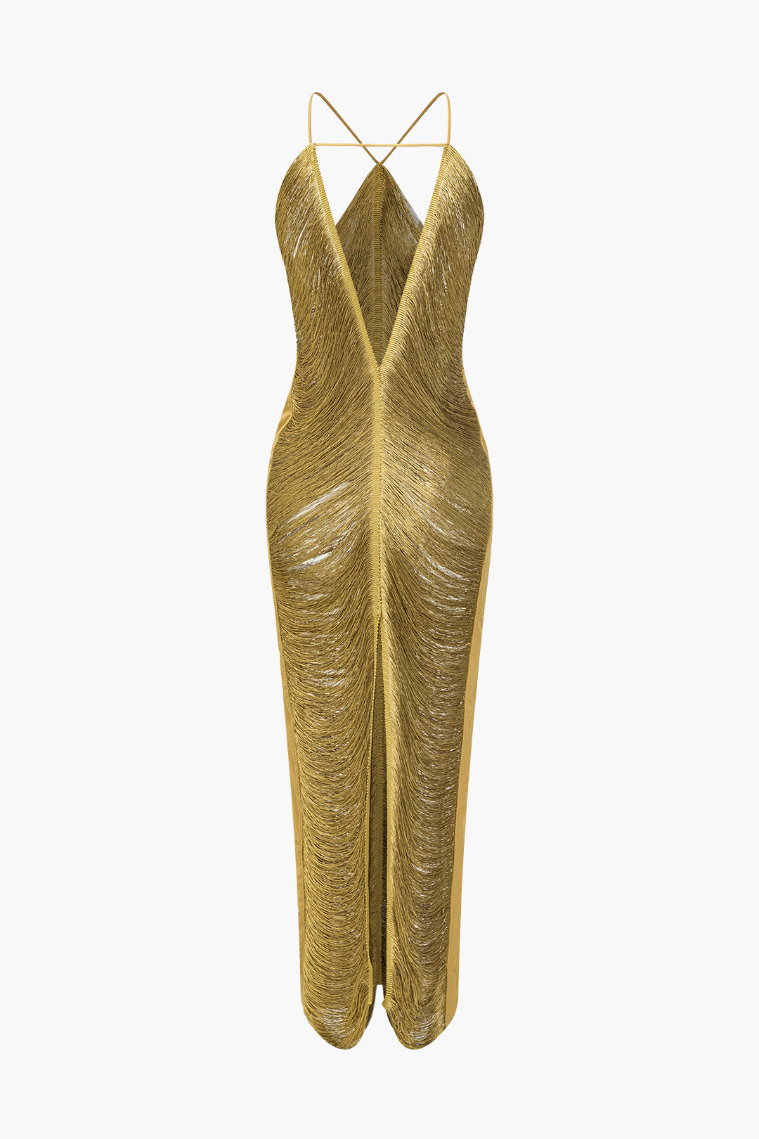 GOLD FRINGE EVENING GOWN WITH SLIT MIDI STYLE