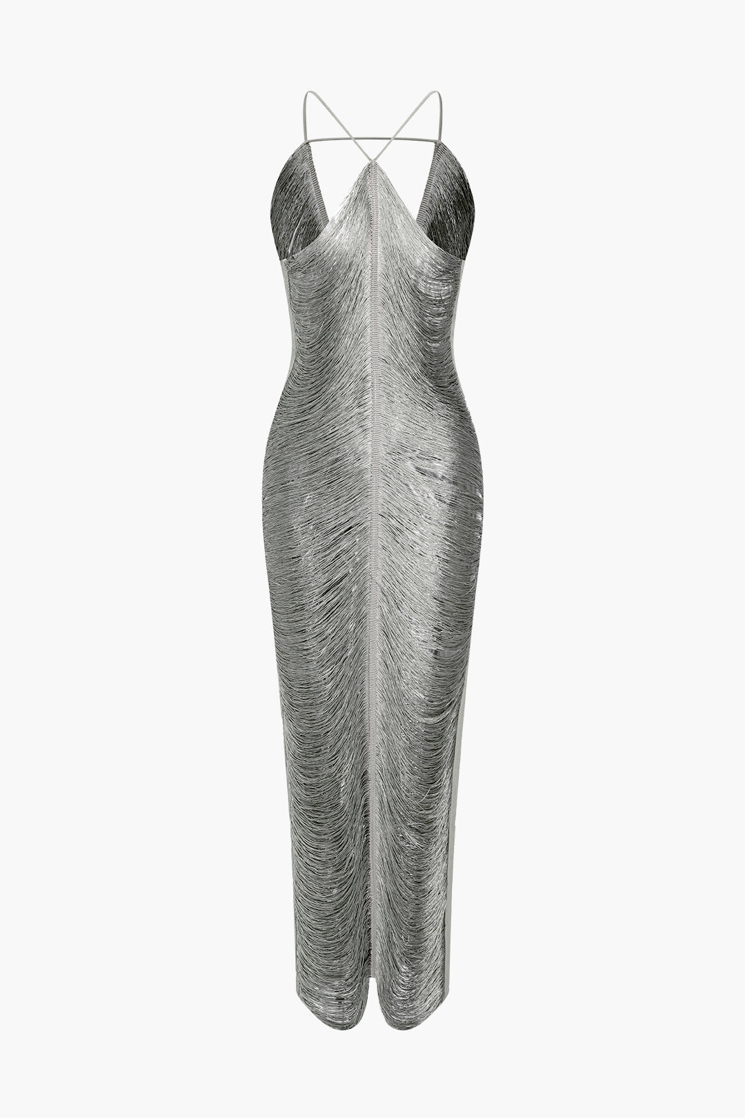 GOLD FRINGE EVENING GOWN WITH SLIT MIDI STYLE