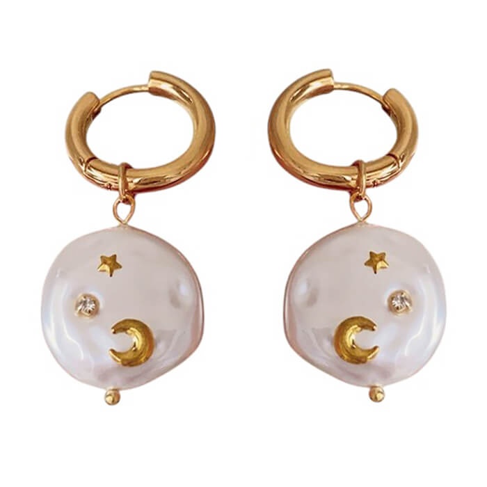 GOLD HOOP EARRINGS PEARL PENDANTS MOONLIGHT AURA EARRINGS