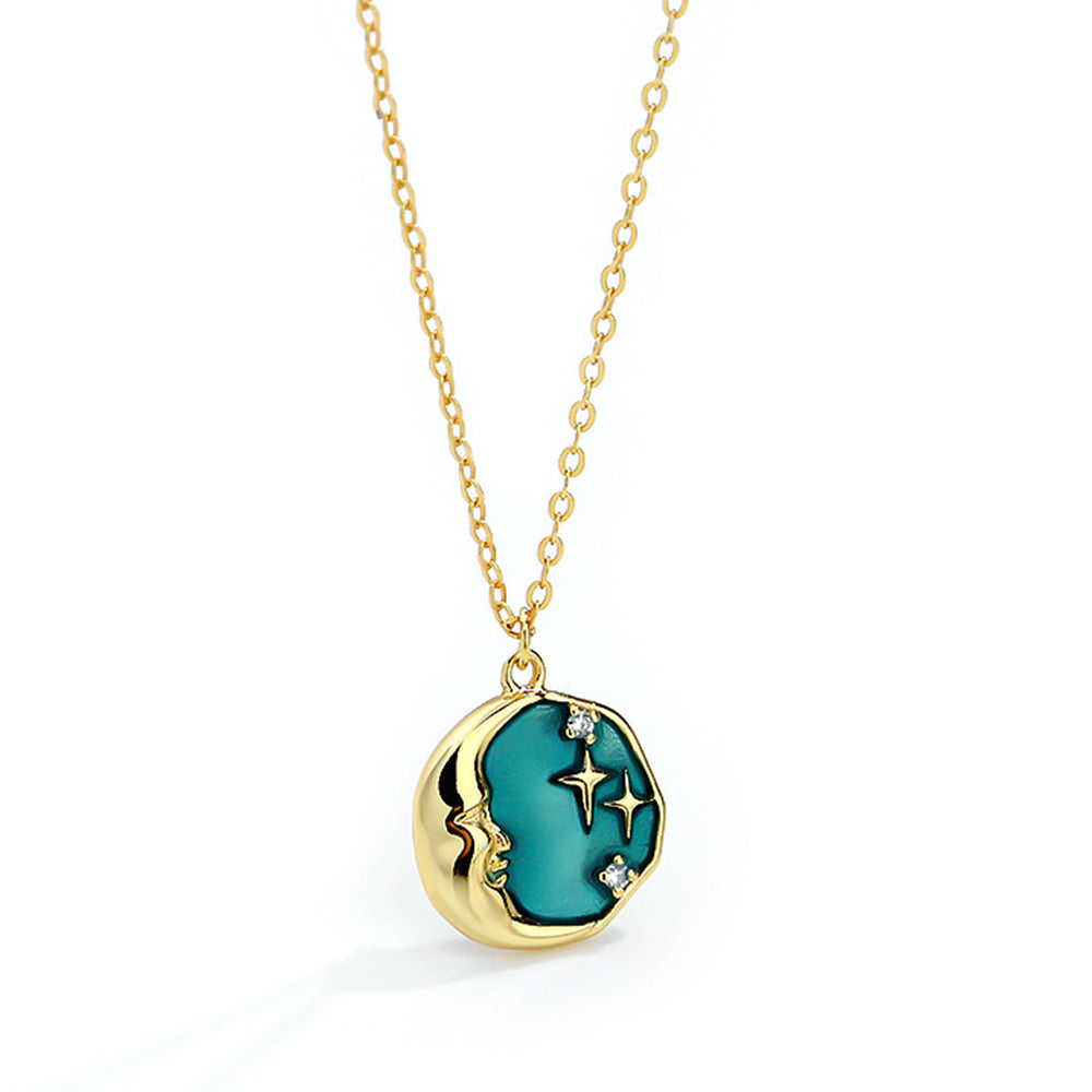 GOLD MOON NECKLACE CELESTIAL PENDANT ENAMEL STARS