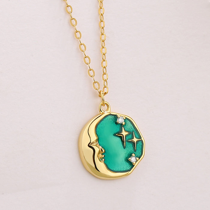 GOLD MOON NECKLACE CELESTIAL PENDANT ENAMEL STARS