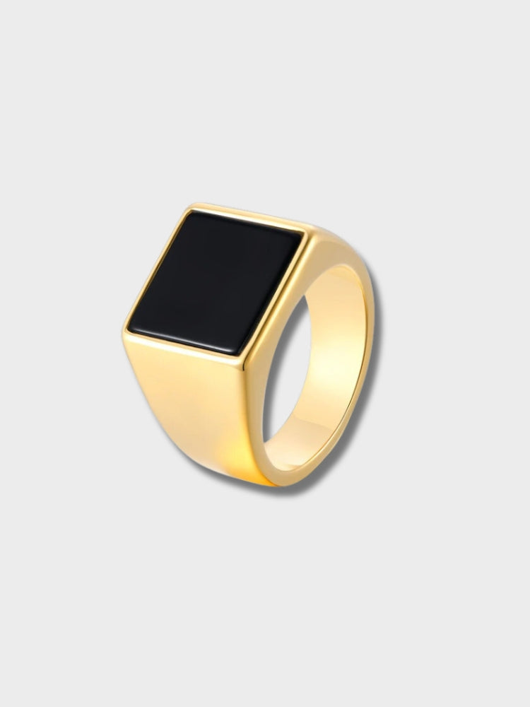 GOLD RING WITH BLACK RECTANGULAR STONE - ELEGANT JEWELRY ACCESSORY