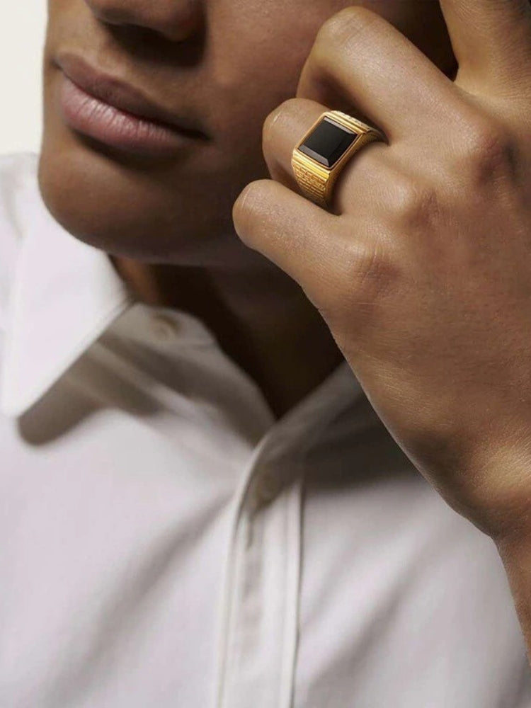 GOLD RING WITH BLACK STONE - STELLAR RING FOR TIMELESS ELEGANCE