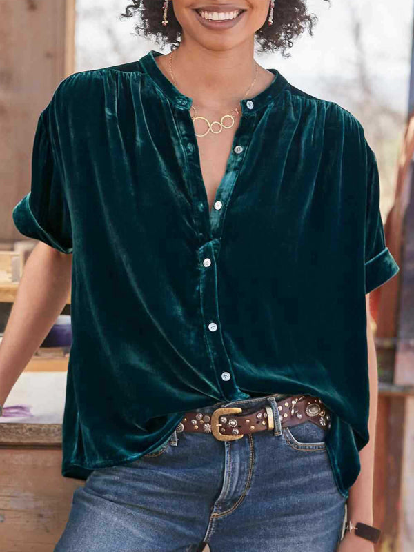 Gold velvet solid color short-sleeved round neck shirt shirt - Green black jasper / S