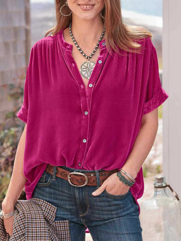 Gold velvet solid color short-sleeved round neck shirt shirt - Rose / S