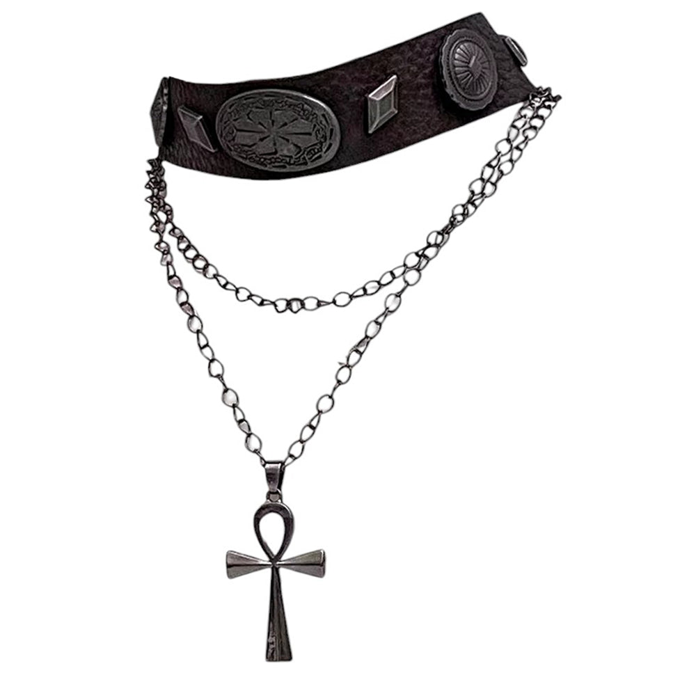 GOTHIC ANKH CHOKER NECKLACE WITH ANTIQUE CROSS PENDANT