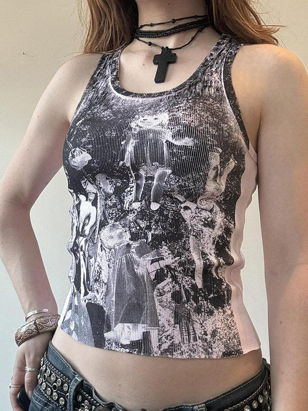 GRAPHIC PRINT TANK TOP - BLACK AND WHITE EDGY STYLE