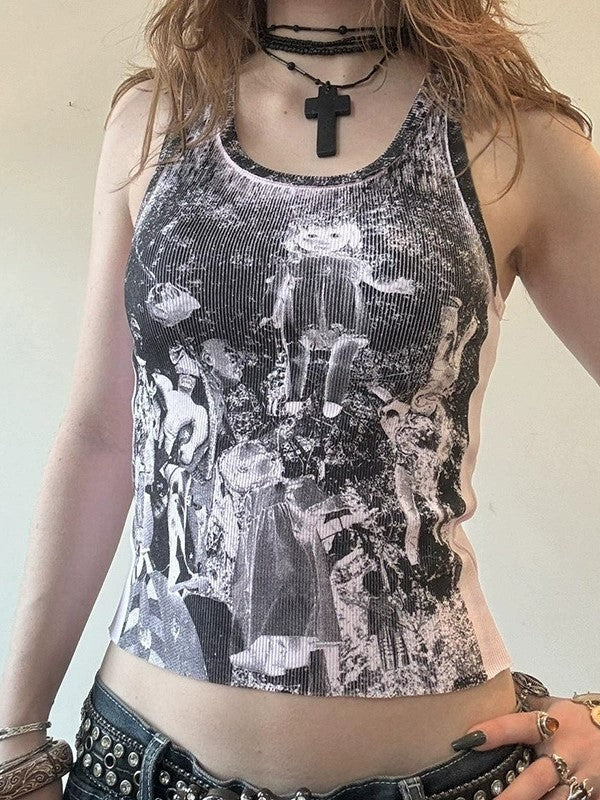 GRAPHIC PRINT TANK TOP - BLACK AND WHITE EDGY STYLE