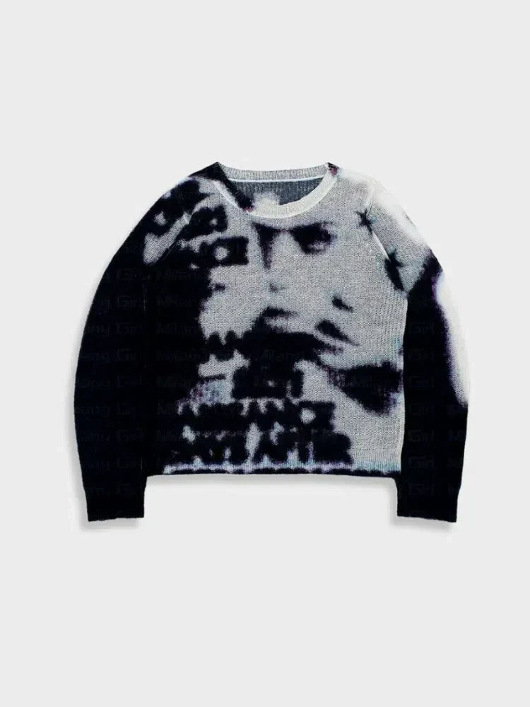 GRAPHIC SWEATER WITH DISTRESSED FACES KNITTED DESIGN