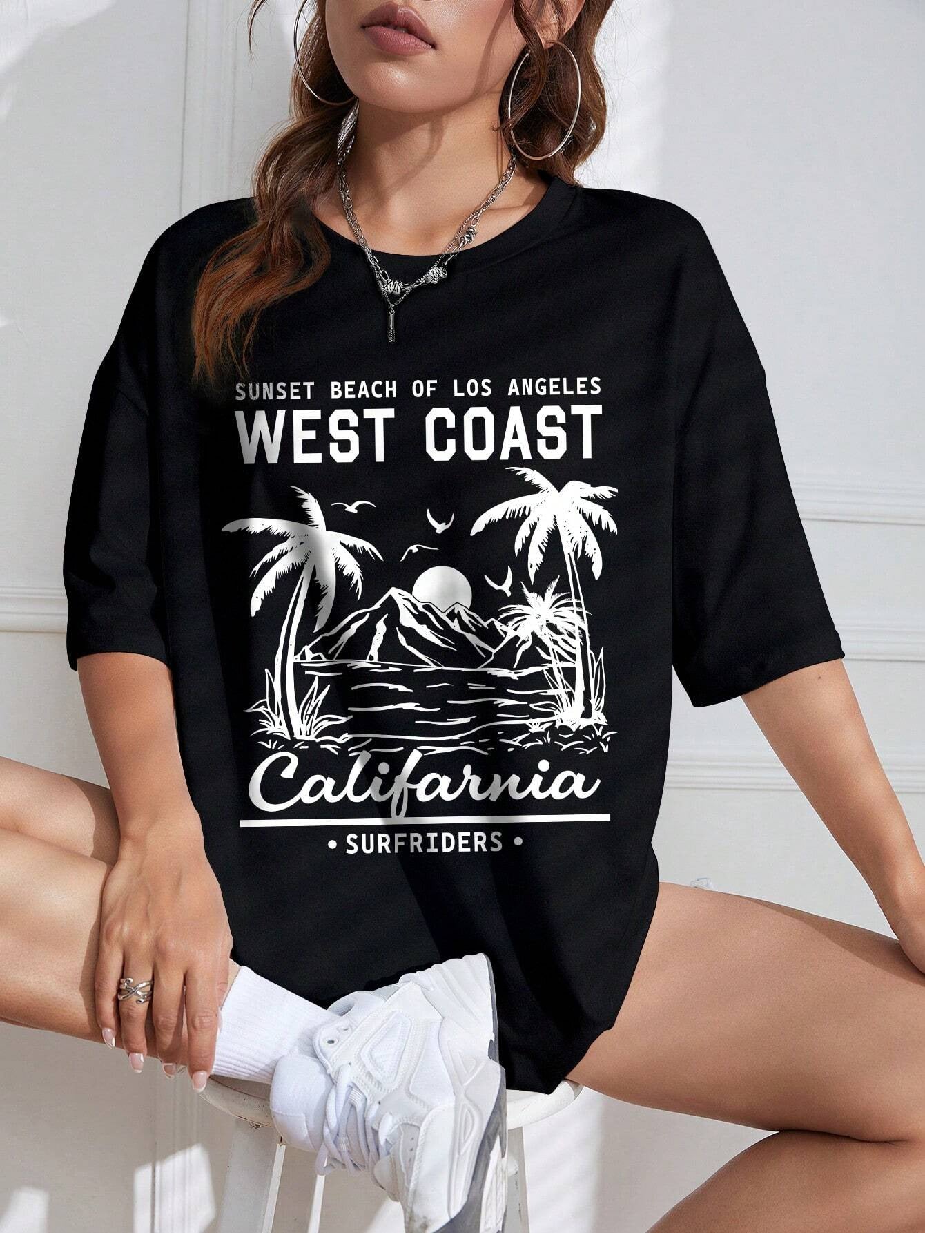 GRAPHIC TEE BLACK VINTAGE BEACHY LOOSE-FIT SUMMER SHIRT