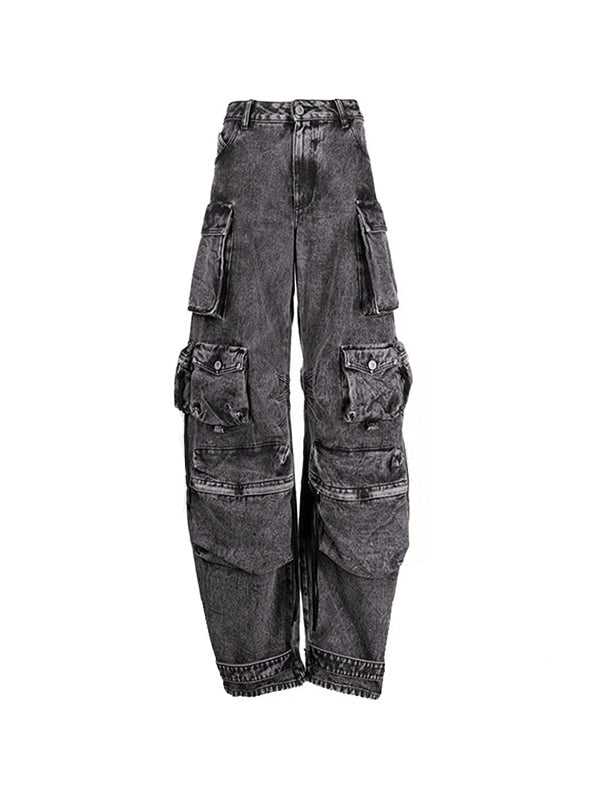GRAY ACID-WASH CARGO JEANS FOR VERSATILE STYLING