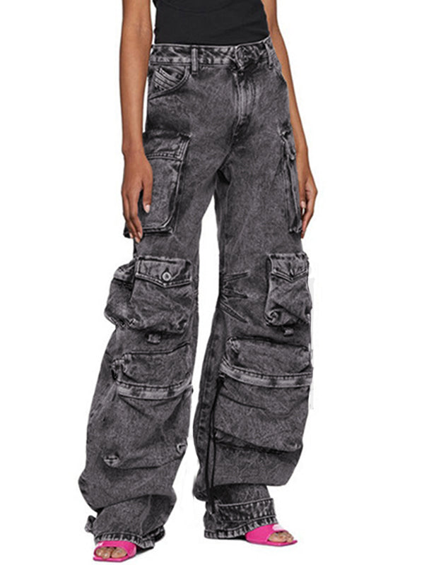 GRAY ACID-WASH CARGO JEANS FOR VERSATILE STYLING