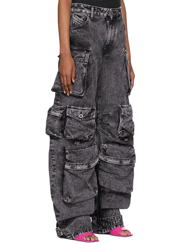 GRAY ACID-WASH CARGO JEANS FOR VERSATILE STYLING