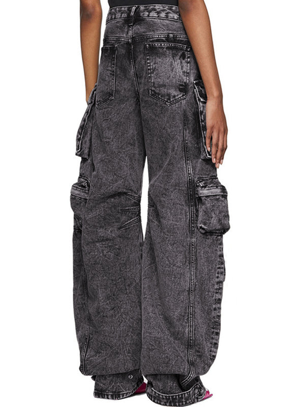 GRAY ACID-WASH CARGO JEANS FOR VERSATILE STYLING