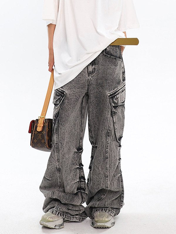GRAY ACID-WASH CARGO PANTS BAGGY CARGO JEANS