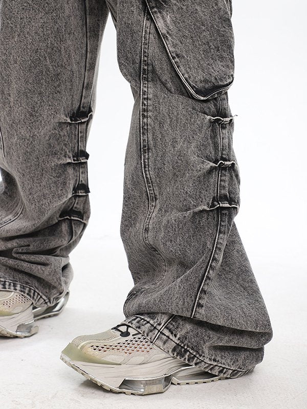 GRAY ACID-WASH CARGO PANTS BAGGY CARGO JEANS