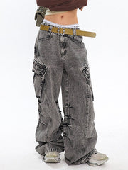 GRAY ACID-WASH CARGO PANTS BAGGY CARGO JEANS