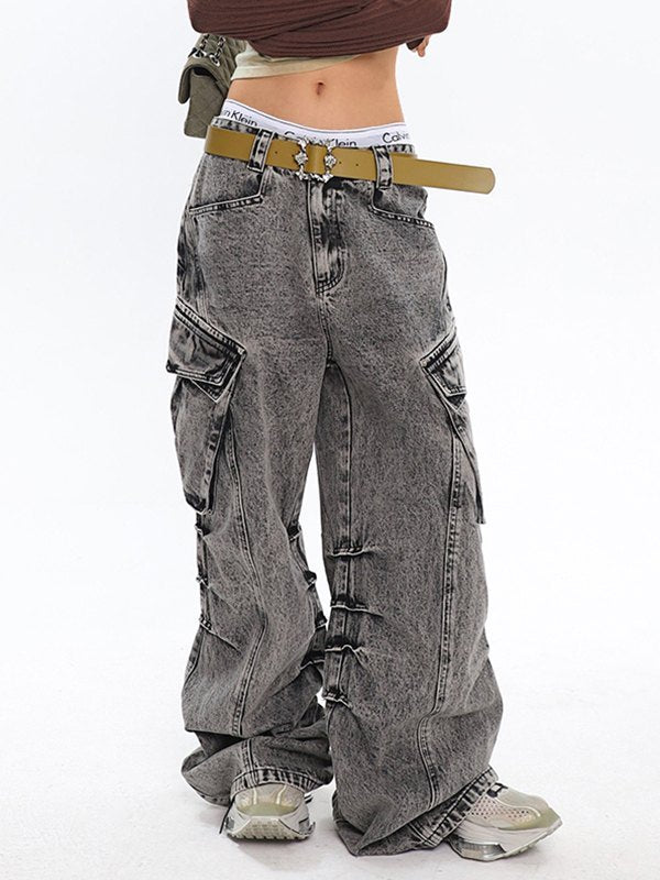 GRAY ACID-WASH CARGO PANTS BAGGY CARGO JEANS