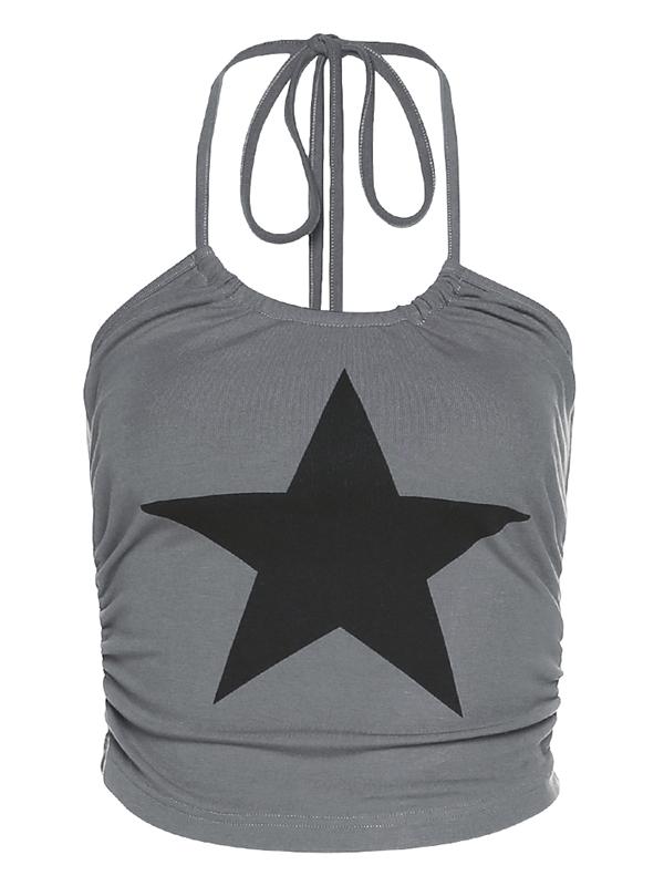 GRAY ADJUSTABLE HALTER TOP WITH BLACK STAR PATTERN Y2K STYLE