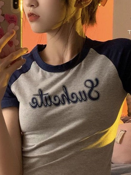 GRAY AND NAVY RAGLAN T-SHIRT WITH VINTAGE LETTER PRINT