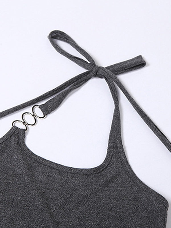 GRAY ASYMMETRICAL KNIT TOP HALTER SWEATER ELEGANT SLIM FIT