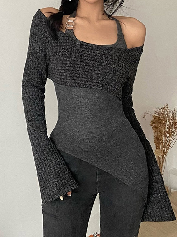 GRAY ASYMMETRICAL KNIT TOP HALTER SWEATER ELEGANT SLIM FIT