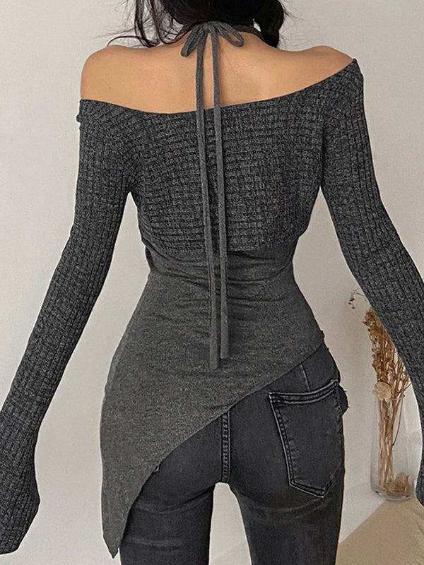 GRAY ASYMMETRICAL KNIT TOP HALTER SWEATER ELEGANT SLIM FIT