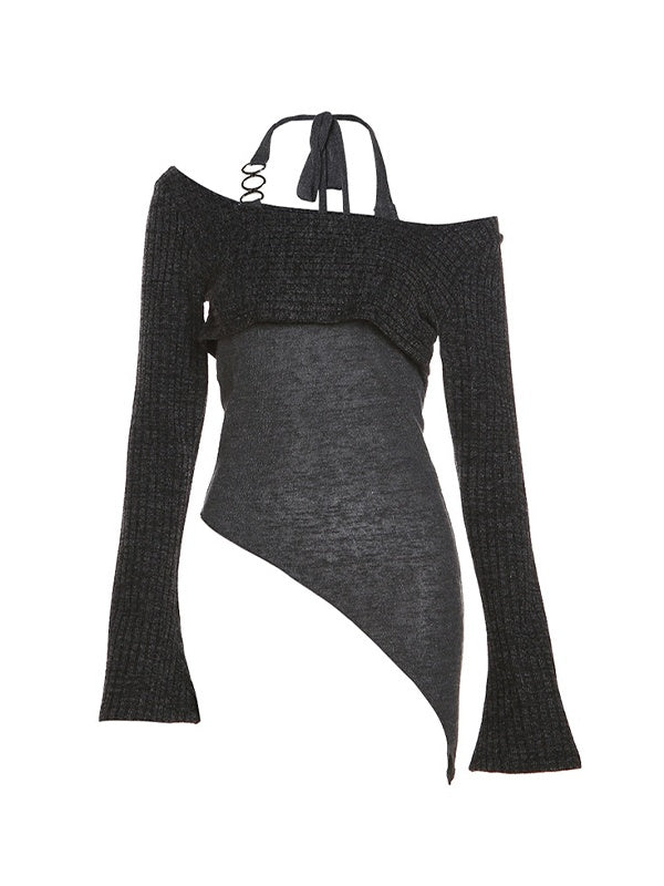 GRAY ASYMMETRICAL KNIT TOP HALTER SWEATER ELEGANT SLIM FIT