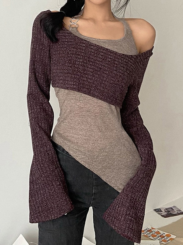 GRAY ASYMMETRICAL KNIT TOP HALTER SWEATER ELEGANT SLIM FIT
