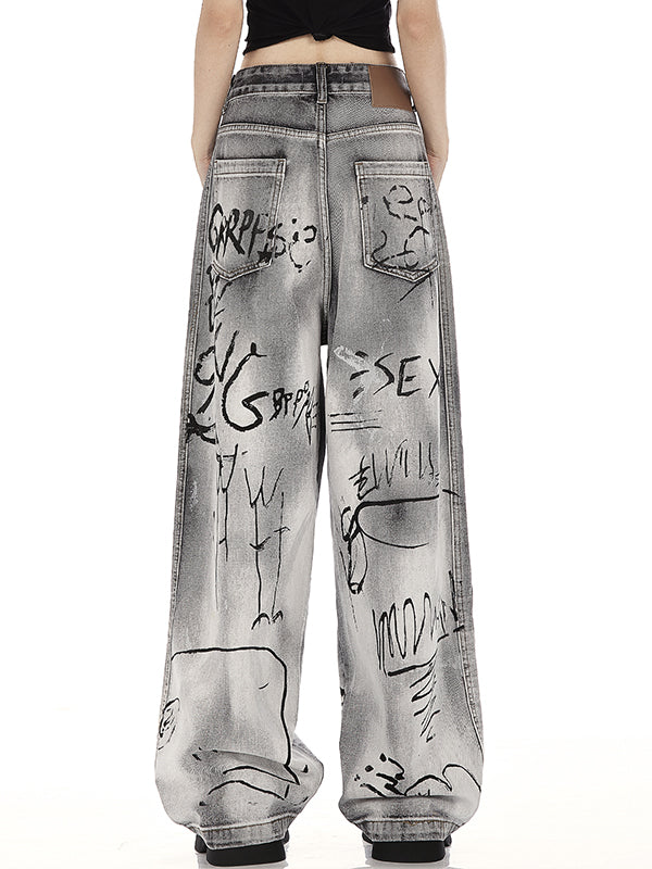 GRAY BAGGY JEANS WITH GRAFFITI BOYFRIEND FIT COTTON