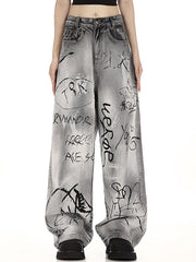 GRAY BAGGY JEANS WITH GRAFFITI BOYFRIEND FIT COTTON
