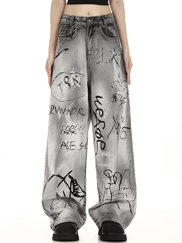 GRAY BAGGY JEANS WITH GRAFFITI BOYFRIEND FIT COTTON