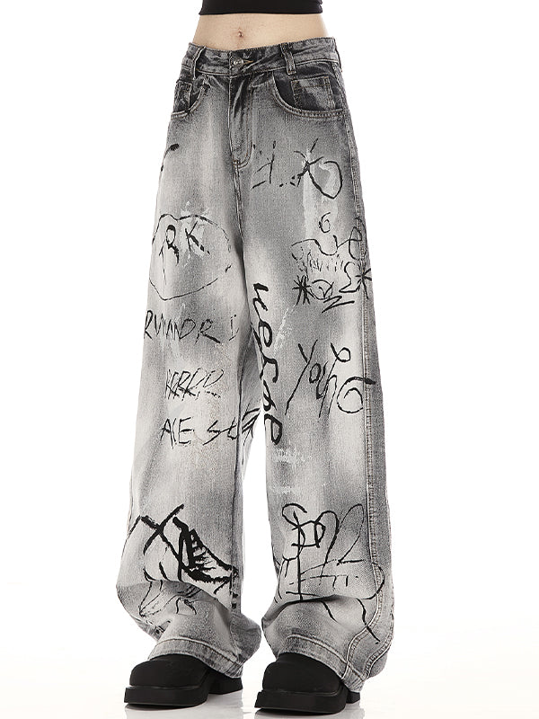 GRAY BAGGY JEANS WITH GRAFFITI BOYFRIEND FIT COTTON