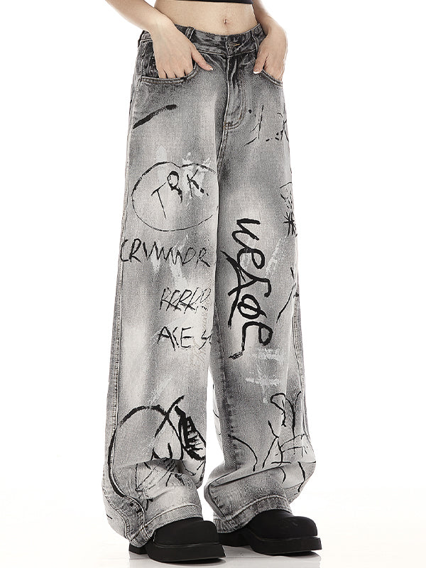 GRAY BAGGY JEANS WITH GRAFFITI BOYFRIEND FIT COTTON