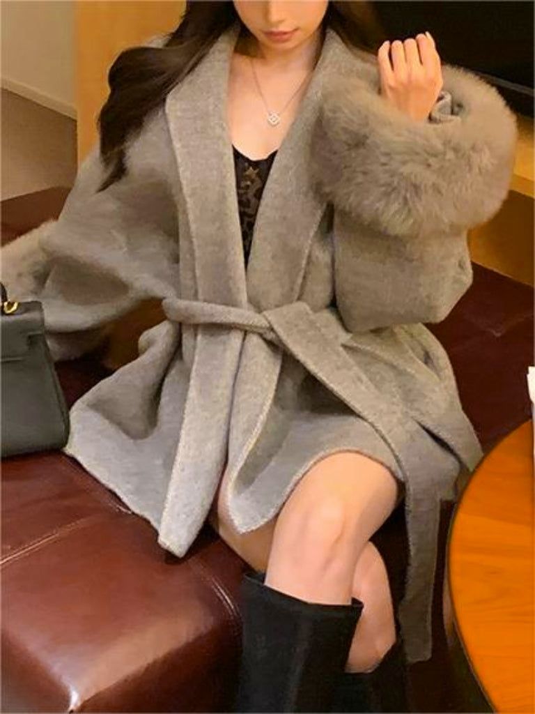 GRAY BELTED COAT WITH FAUX FUR CUFFS CASUAL VINTAGE LOOSE FIT