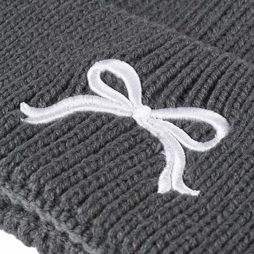 GRAY BOW EMBROIDERY BEANIE HAT