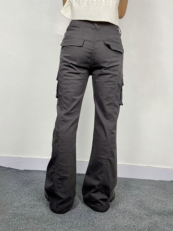 GRAY CARGO FLARE PANTS WITH CONVENIENT FLAP POCKETS
