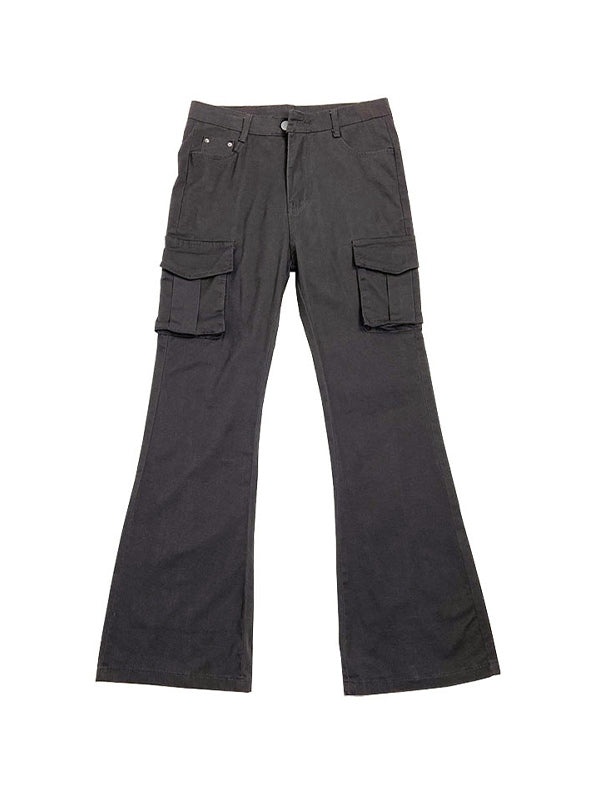 GRAY CARGO FLARE PANTS WITH CONVENIENT FLAP POCKETS
