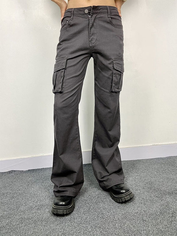 GRAY CARGO FLARE PANTS WITH CONVENIENT FLAP POCKETS