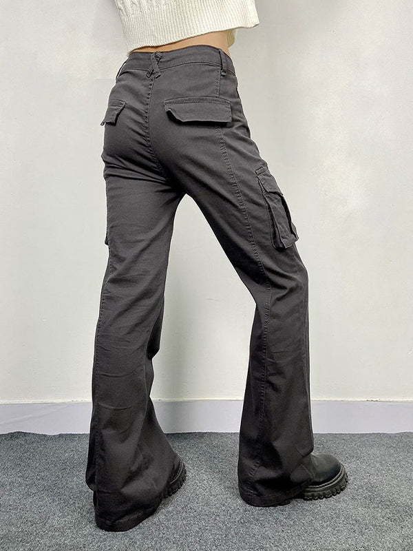 GRAY CARGO FLARE PANTS WITH CONVENIENT FLAP POCKETS