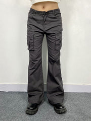 GRAY CARGO FLARE PANTS WITH CONVENIENT FLAP POCKETS