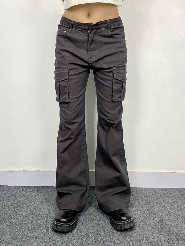 GRAY CARGO FLARE PANTS WITH CONVENIENT FLAP POCKETS